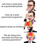 First photo: Orpo puts white make-up on his face. Text: Let's have a racist party as a government partner. Second photo: Orpo draws a yellow crown over his right eye and a blue ball over his left eye. Orpo's mouth is painted as a red clown smile. Text: Let's draw up a racist government programme. Third photo: Orpo is wearing a full clown make-up and putting a colourful clown wig on his head. Text: Appointing racists as ministers. Last photo: Orpo in full make-up, clown nose and wearing a wig: Text: 'We are doing more anti-racist work than any previous government.'