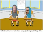 Beavis ja Butt-Head hupparin huput päässä koulun takapulpeteissa. Naamat vaihdettu Juho Eerolaan ja Wille Rydmaniin. Rydmanin puhekuplassa "Juuret jaivat maahan sen lampiman ja poutaisen. Muijan lousin kuitenkin, sen puistikossa raiskasin. Minareetin kutsu soi, terveiset imaami toi: kuolo vaarauskoisen, taivaassa tuo neitsuen."