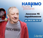 Harkimo - Nuorten presidentti -vaalimainos, jossa Harkimon vartalo on korvattu Steve Buschemin vartalolla "How do you do, fellow kids?"-kuvasta.. Päällä harmaa paita, jossa lukee "music band" ja punainen huppari. Olalla skeittilauta. Harkimo iskee silmää.