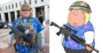 Fat blonde Boogaloo boy wearing aloha shirt, army helmet and vest and assault rifle on the left. Chris Griffin in the same outfit on the right.