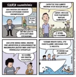 Jen Sorensen jensorensen.com. Neljän ruudun sarjakuva, otsikko "SUURIA suunnitelmia". 1. ruutu: Pukumies kertoo iloisena: "Aion rakentaa 2050 mennessö leijuvan siirtokunnan Venuksen rikkihappopilviin!" Hänen takanaan henkilö katsoo talon ikkunassa olevaa ilmoitusta, jossa lukee "Asunnot € 3,500/kk." Henkilö miettii "Näyttää siltä että liityn kodittomien siirtokuntaan." 2. ruutu: Iloinen mies t-paita päällä kertoo "Chatbottini teke elämästä parempaa hyvien neuvojen avulla!" Taustalla kuivuudesta halkeillutta maata ja hattupäinen mies, joka kysyy älypuhelimeltaan: "Chatbot, mitä voin tehdä pelastaakseni maatilani kuumuudelta?" Chatbot vastaa "Et mitään. Tulet kuolemaan." 3. ruutu: Suuritukkainen mies hiukset silmillä ja t-paita, jossa lukee "snitcoin", päällä sanoo: "Aion ostaa Naurun saaren, rakentaa sinne laboratorion ja uudelleenkansoittaa maailmanlopun jälkeisen Maan geneettisesti parannelluilla superlapsilla!" Vieressä nainen miettii vauva sylissään: "Tai voisimme vain panostaa koulutukseen." 4. ruutu: Kaikki kolme techbro-miestä on huvijahden kannella. Suuritukkainen sanoo: "Toisinaan minusta tuntuu, että ponnistelujamme ihmiskunnan eteen ei arvosteta." Pukumies sanoo: "On vaikeaa olla edelläkävijä."