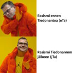 Drake-meemikuva, jossa Petteri Orvon pää. Ensimmäinen teksti: "Rasismi ennen tiedonantoa (eTa)". Toinen teksti: "Rasismi Tiedonannon jälkeen (jTa)".