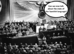 A black and white photo of a Nazi German government meeting under a large eagle and swastika decoration. Hitler speaks standing in the middle of the picture. In the picture on the right edge, a lonely-looking man in a suit says in a speech bubble: Can we now talk about the state of the Swedish language?