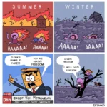 Four panel comic drawn by Chilean artist Sephko 1: Summer, in the background a forest and a house are consumed by a forest fire, with a boy and a girl in the foreground running in flames and shouting "AAAAA!" 2: Winter, the same environment but completely flooded, with the same boy and girl drowning in the waves and shouting "AAAAA!" 3: An oil barrel headed politician is raging "Climate change is FAKE!!! You are against FREEDOM!" Below the annotation of the television channel says "Josef Von Petroleum, candidate of the Free Liberty party" 4: The same characters from the first panels are sitting in a tree in the middle of the flood. The boy says, looking at his cell phone "I like freedom! I'll vote for him!", the girl has an angry expression on her face.