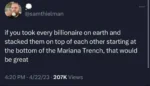 @samthielman   if you took every billionaire on earth and stacked them on top of each other starting at the bottom of the Mariana Trench, that would be great   4:20 PM - 4/22/23 - 207K Views