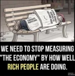 Someone sleeps on park bench covered in newspapers proclaiming, "Stock markets surge to high" and "Corporate profits soar"