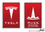 White Tesla logo upside down looking like Ku Klux Klan-hood with text "Musk retweeting antisemitism"