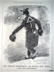 Cartoon in Punch Magazine Punch, or The London Charivari Feb 2, 1927. Drawing of a pedestrian with lanterns in both hands, a rear view mirror, a horn attached to his hat, caution-sign and a light on his back. Caption: "The Perfect Pedestrian ; or, Making the World Safe for Motocracy."