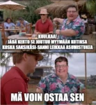 Kahvilassa istuu kaksi miestä joista toinen kertoo huolestuneena tarinansa ja kaveri osoittaa häntä sormella huutaakseen koko kahvilalle "Kuulkaa! Jäbä kerto se joutuu myymään kotinsa koska saksikäsi-sanni leikkaa asumistukea".  Sormella osoittanut tyyppi kääntyy kaveriaan kohti, naama on muuttunut Arto Satoseksi "Mä voin ostaa sen".