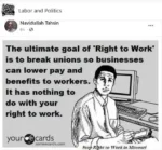 Man at a computer. Reads: The ultimate goal of Right to Work" is to break unions so businesses can lower pay and benefits to workers. It has nothing to do with your right to work.