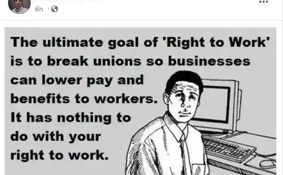 Man at a computer. Reads: The ultimate goal of Right to Work" is to break unions so businesses can lower pay and benefits to workers. It has nothing to do with your right to work.