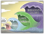 "BE SURE TO WASH YOUR HANDS AND ALL WILL BE WELL."  Neljä toinen toistaa seuraavaa yhä isompaa aaltoa:  COVID RECESSION CLIMATE CHANGE BIODIVERSITY COLLAPSE