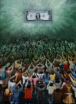 A painting where people are worshipping a one USD bill