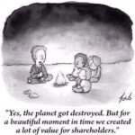 Nuotion äärellä istuva risaiseen pukuun pukeutunut mies puhuu lapsille.  "Yes, the planet got destroyed. But for a beautiful moment in time we created a lot of value for shareholders."