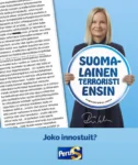 Purra pitää kylttiä "Suomalainen terroristi ensin"  Vieressä pitkä keskusteluryhmäviesti jossa terrorismista syytetty somerolainen uhkailee kaikkia aseiden takavarikoinnista ahdistuneena.