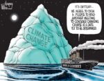 Large cruise ship labeled "WORLD LEADERS" is steaming toward a gigantic iceberg labeled "CLIMATE CHANGE." Someone on the ship announces: "It's settled... We agree to sign a pledge to hold another meeting to consider changing course at a date yet to be determined."