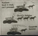 Problem: Wagon with one horse pulling is stuck on the mud, can’t proceed.  Obvious solution: add two horses  Corporate solution: add three bosses