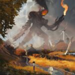 Digital painting showing a gigantic robotic avatar of shell's millenium demon destroying wind turbines and houses in a rural village, while a kid in the foreground plays with a model wooden ship in the nearby river. The demon wears a chainsaw representing deforestation, and a flamethrower reminding people that gas flaring and methane leaks is still a thing.  Artist's additional statement:  "Infrastructure has a footprint on deep time, and since new gas and coal is incompatible with a safe earth, governments and corporations are releasing demons in the sky. If energy markets and environmental law is a battleground, Shell and Chevron are ready to “fight it until hell freezes over, and then fight it out on the ice”. Through physics or culture, one day the sun will shine and the wind will blow on a world without fossil fuels left to extract, with the remains of colossal dead brands rusting away."   PS: This is protected speech under the terms of satire meant to educate the public about grave danger trough humor.