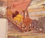 Animals walking up the ramp to Noah's Ark. 2 elephants, 2 giraffes, 2 male lions, 2 antelopes.