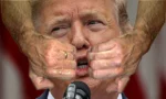 Donald Trump's face with his mouth open and goatse arms on the sides of his mouth so it looks like theyre opening his mouth.