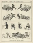 Cartoon in Punch Magazine Punch, by Arthur Watts, 1925. A pedestrian is dodging cars, then at home he reads Motor catalogue and becomes a motorist himself. Caption: The only way: or, the happy ending.