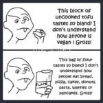 A cartoon from vegansidekick.com.  Top frame: Ugly man: "This block of uncooked tofu tastes so bland!  I don't understand how anyone is vegan! Gross!  Bottom frame: Ugly man: This bag of flour tastes so bland!  I don't understand how people eat bread, pizza, cakes, donuts, pasta, waffles, or pancakes!  Gross!