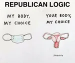 Meemikuva, piirretty. Ylhäällä teksti: Republican logic. Sen alla kuvassa vasemmalla kasvomaski ja teksti: "My body, my choice". Oikealla kuvassa naispuoliset lisääntymiselimet ja teksti: "Your body, my choice"