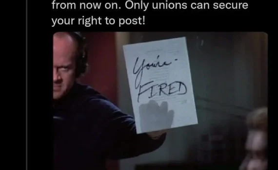 Marb  @Sulliedsubjects The other night my friends asked me why I felt so comfortable just shit posting given my job. And my immediate response was “oh, I’m in a union.”  We realized this is how we have to sell unionism to millennials and zoomers from now on. Only unions can secure your right to post!   TV still of Frasier Crane holding a sign "You're Fired" to his producer Roz Doyle and Roz holding a sign, "I'm Union."