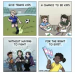 four-panel comic by Sophie Labelle depicting trans kids doing kid stuff, captioned GIVE TRANS KIDS A CHANCE TO BE KIDS WITHOUT HAVING TO FIGHT FOR THE RIGHT TO EXIST