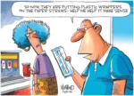 cartoon of a man holding a packaged straw, talking to a woman at a drink dispenser "So now they are putting plastic wrappers on the paper straws...help me help it make sense"