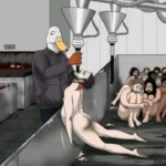 The image is about foie gras production, where a figure with a duck's head is force-feeding a human in the same way ducks are force-fed to make foie gras. The human figures are lying in a confined space. The artwork is lmaking a statement about animal cruelty by reversing roles, highlighting the process by placing humans in the position of the ducks.