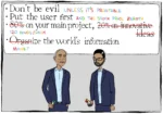 The drawing represents two Google executives (Prabhakar Raghavan and Sundar Pichai) standing in front of a large sign. Both are holding multicolor pens and seem to have altered the slogans written on the sign, as follows. "Don't be evil" (added: "unless it's profitable"). "Put the user first" (added: "and the stock price zeroth"). "80%" (striked through, replaced with "120 hours / week") on your main project, 20% on innovative ideas" (second half striked through). "Organize" ("organ" striked through, replaced with "monet") the world's information. goomics.net/382/