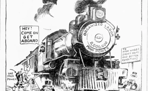 This cartoon by Renfo depicts two categories of railroad workers. Each is endeavoring to obtain higher wages, shorter working hours, and safer working conditions.  The unorganized railroad worker, represented by the lone worker on the hand cart, is being impeded in his efforts to obtain a better life by the "fat cat" capitalist employer.  Organized railroad labor is represented by the powerful train engine that is powered, not by steam, but by the powerful, united labor force of the workers. So powerful is the organized labor force that the employer trembles in its presence.  As the train of organized labor moves down the tracks toward prosperity, the engineer beckons unorganized labor to "Get aboard".  (The "IPEU" in the lower right-hand corner of the cartoon stands for International Photo Engravers Union.This cartoon was drawn circa 1913.)