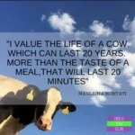 Text: "I VALUE THE LIFE OF A COW, WHICH CAN LAST 20 YEARS. MORE THAN THE TASTE OF A MEAL, THAT WILL LAST 20 MINUTES" MARLAINA MORTATI (3203 EXPRESS YOUR VEGAN). Photo: a cow