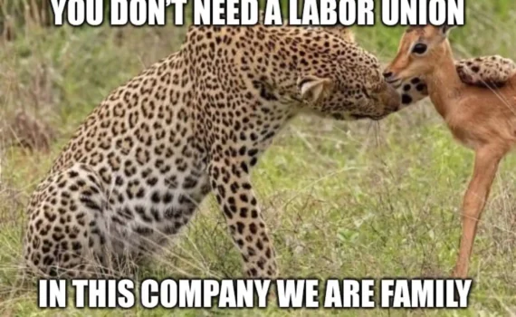 A leopard hugging an antelope and telling it "You don't need a labor union, in this company we are family"