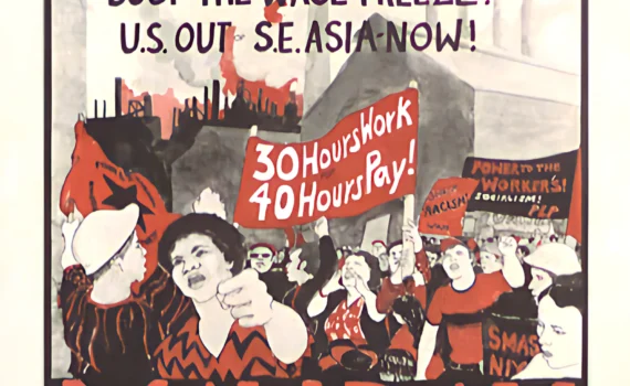 image of a poster, possibly lithograph showing a multiracial group of people, with left-hand fists raised, led by a Black woman looking forward and a white man in hard hat with his back to us direct the crowd. some of the marchers hold banners. one of them is the first sentence of the title. it's all done in black and red, with some grays, on a white background.    INFO from LOC:   Title: 30 hours work for 40 hours pay! Smash racist unemployment! Bust the wage freeze! U.S. out of S.E. Asia now! : May Day  Date Created/Published: [1972?]  Medium: 1 print : color ; (poster format)  Reproduction Number: ---  Rights Advisory: No known restrictions on publication. Published without copyright notice.   For information see "Yanker poster collection" (http://lcweb.loc.gov/rr/print/res/250_yank.html).  Call Number: POS 6 - US, no. 1216 (C size) [P&P]  Repository: Library of Congress Prints and Photographs Division Washington, D.C. 20540 USA http://hdl.loc.gov/loc.pnp/pp.print  Notes:     Title from item.     "1972" penned on verso.     Gift; Gary Yanker; 1975-1983.