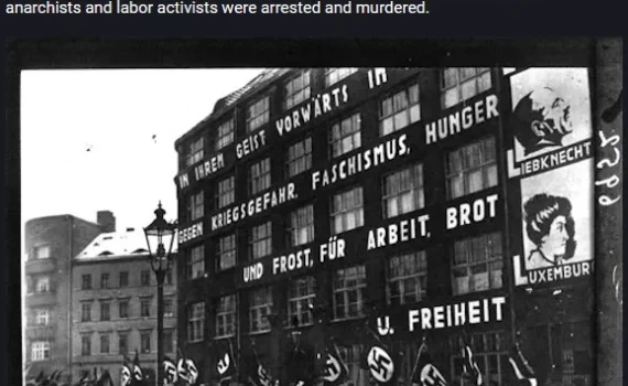 MikeDunnAuthor @MikeDunnAuthor@kolektiva.social  Today in Labor History May 2, 1933: In one of his first acts after coming to power, Adolf Hitler abolished all labor unions. Storm troopers occupied union offices across Germany. Union leaders were arrested, beaten, tortured and imprisoned, or sent to concentration camps. In the coming months, thousands more communists, anarchists and labor activists were arrested and murdered. Photo: Nazis rally in front of the headquarters of the German Communist Party (KPD) in 1933 in Berlin. Slogans on the building include: Against war, fascism, hunger … for work, bread, and freedom. Robert Sennecke, Biblioteque nationale de France, Wikimedia Commons