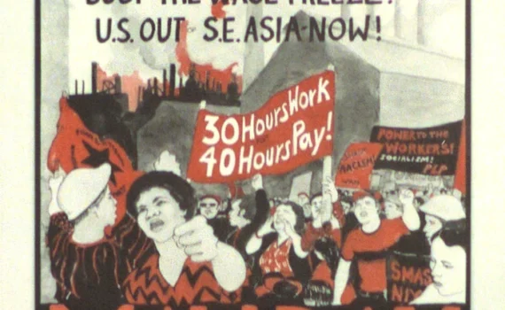 image of a poster, possibly lithograph showing a multiracial group of people, with left-hand fists raised, led by a Black woman looking forward and a white man in hard hat with his back to us direct the crowd. some of the marchers hold banners. one of them is the first sentence of the title. it's all done in black and red, with some grays, on a white background.    INFO from LOC:   Title: 30 hours work for 40 hours pay! Smash racist unemployment! Bust the wage freeze! U.S. out of S.E. Asia now! : May Day  Date Created/Published: [1972?]  Medium: 1 print : color ; (poster format)  Reproduction Number: ---  Rights Advisory: No known restrictions on publication. Published without copyright notice.   For information see "Yanker poster collection" (http://lcweb.loc.gov/rr/print/res/250_yank.html).  Call Number: POS 6 - US, no. 1216 (C size) [P&P]  Repository: Library of Congress Prints and Photographs Division Washington, D.C. 20540 USA http://hdl.loc.gov/loc.pnp/pp.print  Notes:     Title from item.     "1972" penned on verso.     Gift; Gary Yanker; 1975-1983.